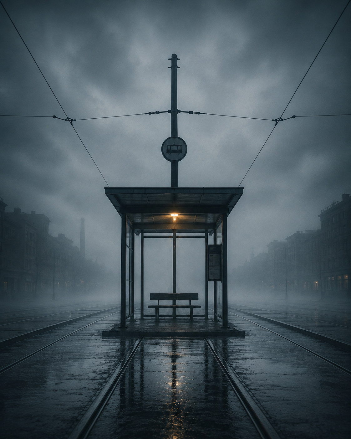 Verlassene Straßenbahn-Haltestelle mit warmem Licht im cyan-grauen Nebel